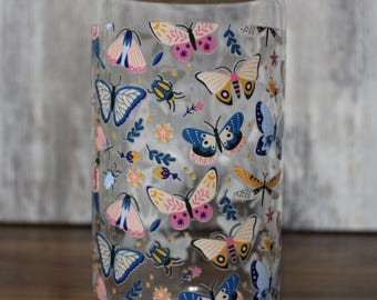 Butterfly and Moths Glass Cup, Insects, 16 oz with Bamboo Lid