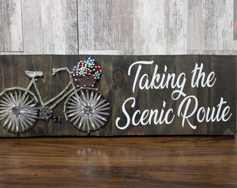 Bicycle String Art Sign: Espresso Stained Wood (6"x18"), Taking the Scenic Route