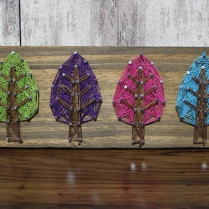 Colorful Trees String Art Sign: Jacobean Stained Wood (4"x10")