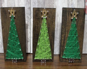 Set of 3 Christmas Tree String Art Signs: Jacobean Stained Wood (3"x8")