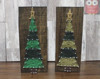 Set of 2 Christmas Tree String Art Signs: Jacobean Stained Wood (3"x8")