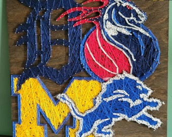 11"x11" Michigan Teams String Art Sign, Made to Order, Michigan, Wolverines, Lions, Tigers, Pistons