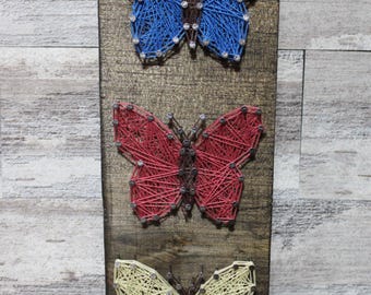 Butterfly String Art on Jacobean Wood (4"x11"), Butterflies