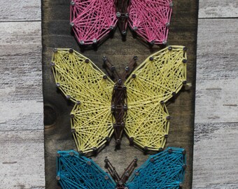 Butterfly String Art on Jacobean Wood (5"x11"), Butterflies