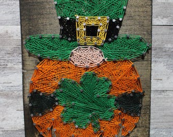 Gnome String Art Sign: Leprechaun on Jacobean Wood (7"x11"), Four Leaf Clover