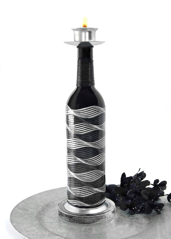 Votive Candle Holder, Black Silver Wavy Design, Wine Bottle, Decoupage Candle Holder