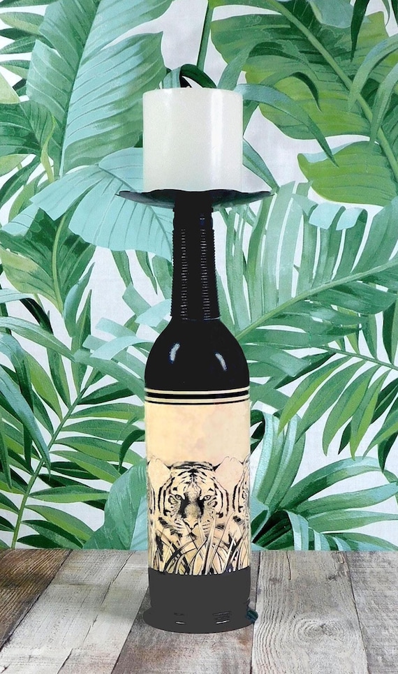 Tiger Design Weinflasche Kerzenhalter: Schwarzer Lederakzent