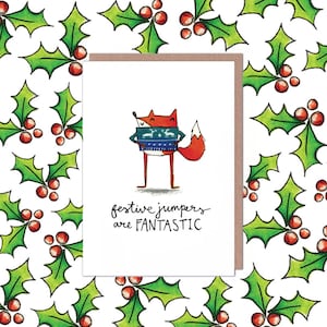 Fantastische kerstkaart met vos in een feestelijke trui