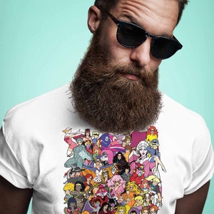 May include: A white t-shirt with a colorful graphic print of cartoon female characters. The graphic features a variety of characters with different hairstyles, clothing, and poses.