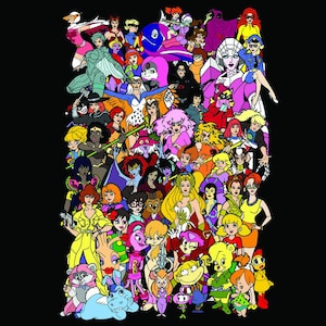 May include: A colorful illustration featuring a large group of female cartoon characters. The characters are all dressed in different outfits and have unique hairstyles. Some of the characters are wearing superhero costumes, while others are wearing more casual clothing. The characters are all arranged in a chaotic and playful manner, creating a sense of energy and excitement.