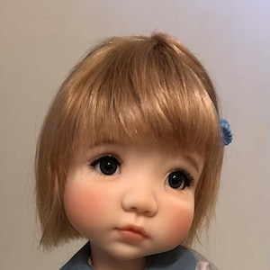 Könnte beinhalten: Eine lebensechte Puppe mit hellem Teint, rosigen Wangen und großen, dunklen Augen. Die Puppe hat kurze, hellbraune Haare mit einem blauen Blumen-Haarschmuck. Sie trägt ein blaues Hemd mit Kragen.