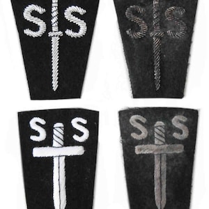 May include: Four black patches, each featuring the letters "S S" above a sword. Two patches have white embroidered letters and swords, and the other two have silver embroidery. The patches are rectangular with a curved top.