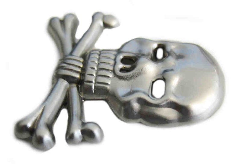 May include: A silver-colored skull and crossbones emblem. The skull has eye sockets and a detailed jawline. The crossbones are positioned behind the skull, creating a classic pirate or gothic aesthetic.