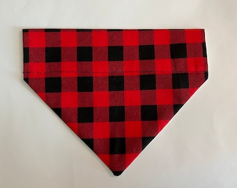 Dog Collar Bandana Over the Collar - Red and Black Buffalo Plaid Winter Christmas Print