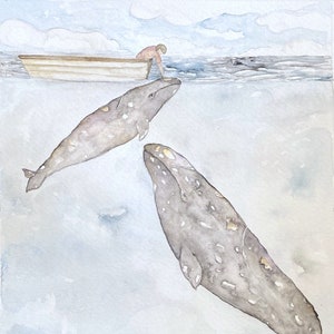 May include: A watercolor painting of two gray whales swimming in the ocean. The whales are spotted with white and have a light gray underside. A small boat with a person in it is above the waterline.