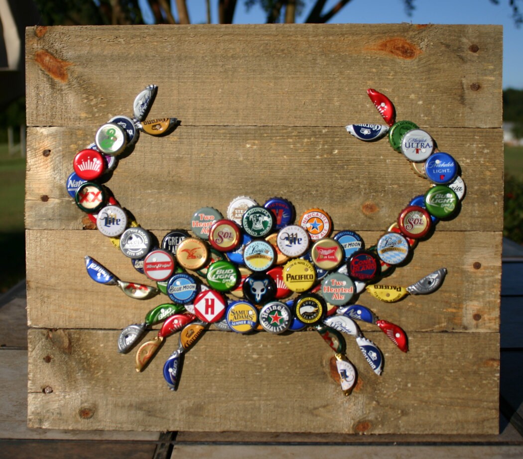 Crab Wall Art with Mixed Bottle Caps on Pallet Wood Etsy