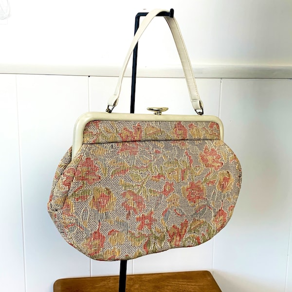 1950s - 1960s Tapestry Taupe Neutral Large Top Handle Handbag Gold Tone Hardware By Debbie Jerome