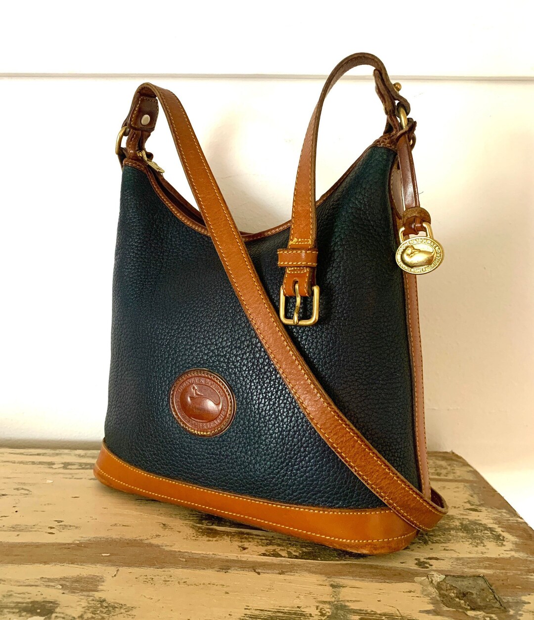 Vintage Dooney and Bourke Navy Pebble Leather Shoulder Bag Zip Top