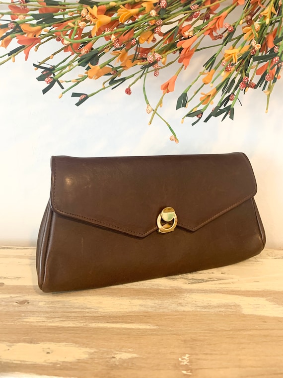 Brown Thick Leather Clutch Rolfs Gold Tone Hardwar