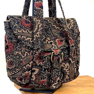Handmade Tapestry Handbag Interior Compartments Dark Colors Black Burgundy Red Gold Yellow And Tan Roomy Medium Size Brass Hardware