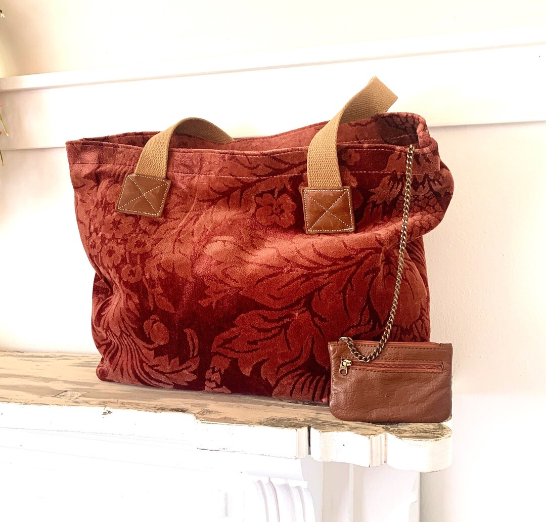 Tote Extra Large Carpet Bag Leather Velvety Demask Gold Tone Hardware