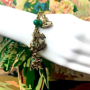 1940s Charm Bracelet Green Bead Gold Tone Charms Hardware Asian Inspired 7 image 3