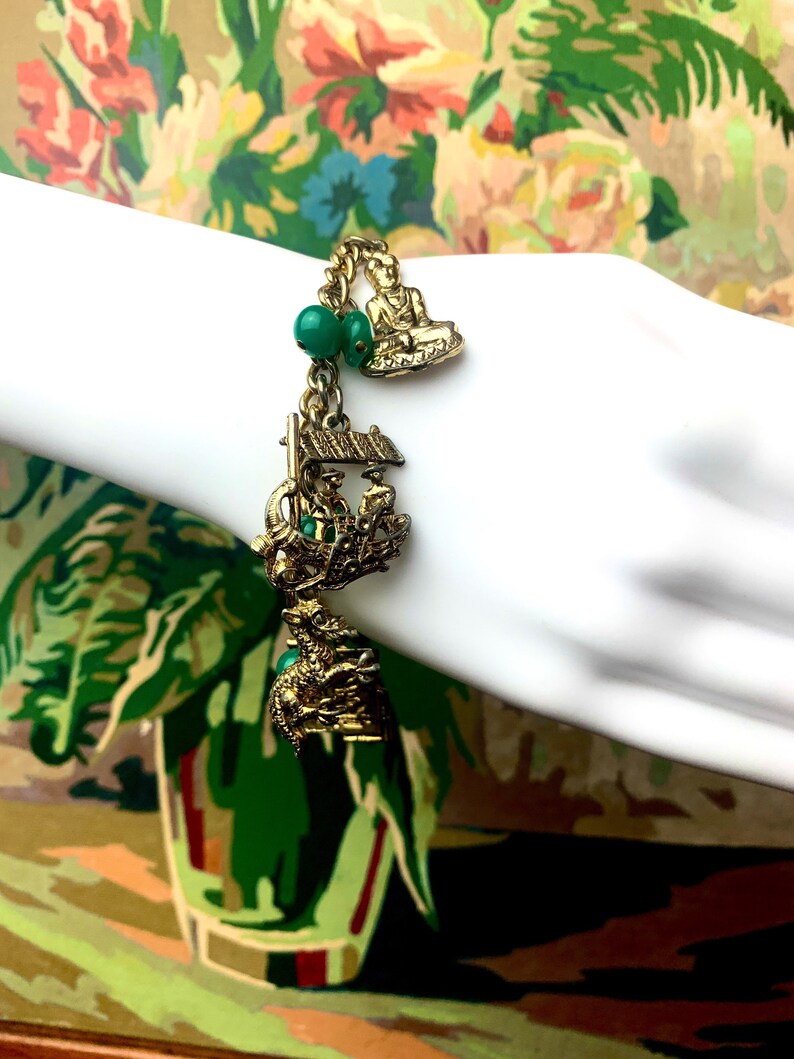 1940s Charm Bracelet Green Bead Gold Tone Charms Hardware Asian Inspired 7 image 3
