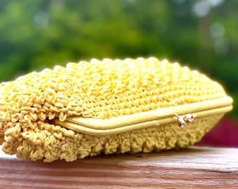 Vintage Yellow Clutch Summer Woven Rafia rhinestone kiss lock