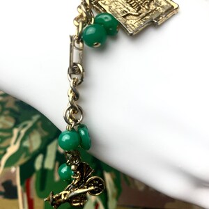 1940s Charm Bracelet Green Bead Gold Tone Charms Hardware Asian Inspired 7 image 5