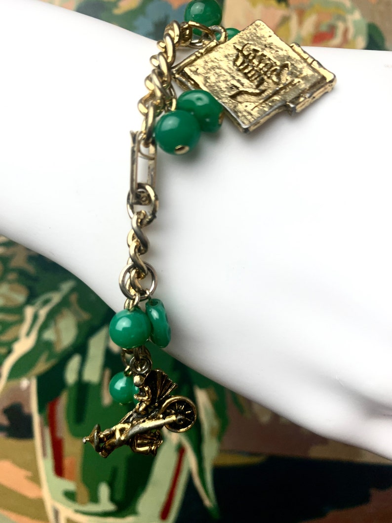 1940s Charm Bracelet Green Bead Gold Tone Charms Hardware Asian Inspired 7 image 5