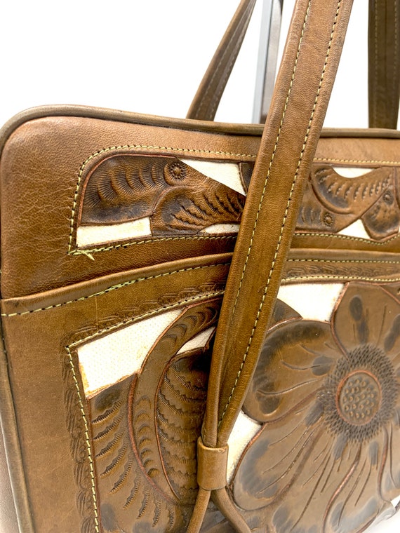 Vintage Tooled Leather Handbag 1950s / 1960s Flor… - image 7