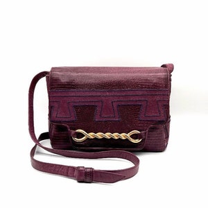 Purple Leather Faux Croc Handbag Crossbody Or Shoulder Adjustable Strap Gold Tone Hardware By Sharif 80s 90s