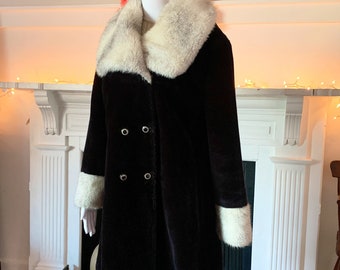 Vintage Faux Fur Coat Black With White Grey Collar And Cuffs Double Breasted 1970s Large XL