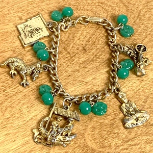 1940s Charm Bracelet Green Bead Gold Tone Charms Hardware Asian Inspired 7 image 2
