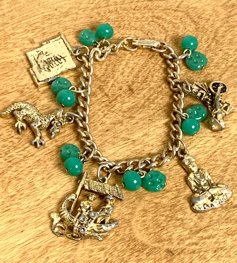 1940s Charm Bracelet Green Bead Gold Tone Charms Hardware Asian Inspired 7 image 2