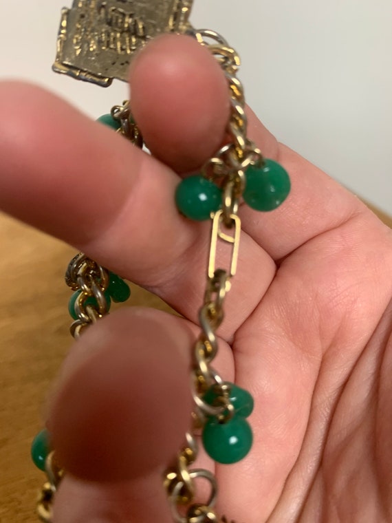 1940s Charm Bracelet Green Bead Gold Tone Charms … - image 7