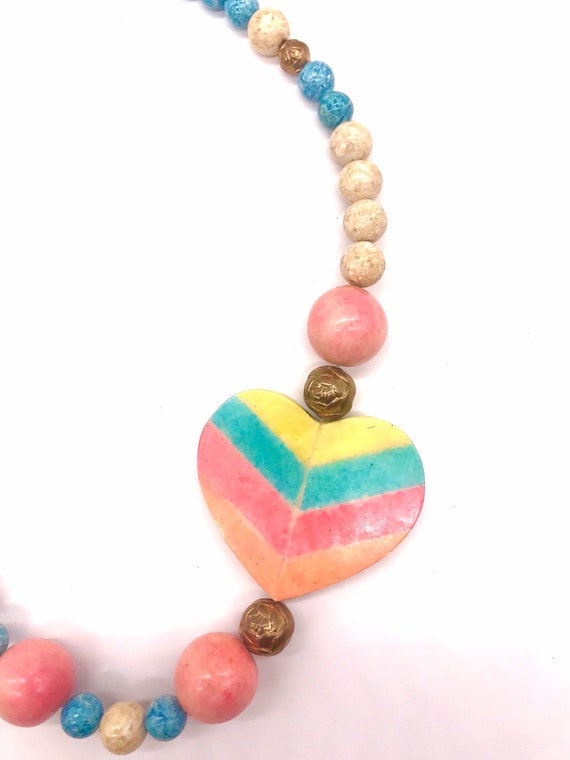 Heart Necklace Beaded Rainbow Pastel Stone Cerami… - image 2
