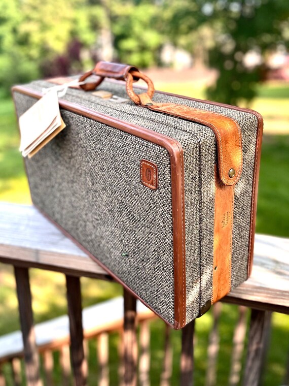 vintage tweed suitcase leather Gem