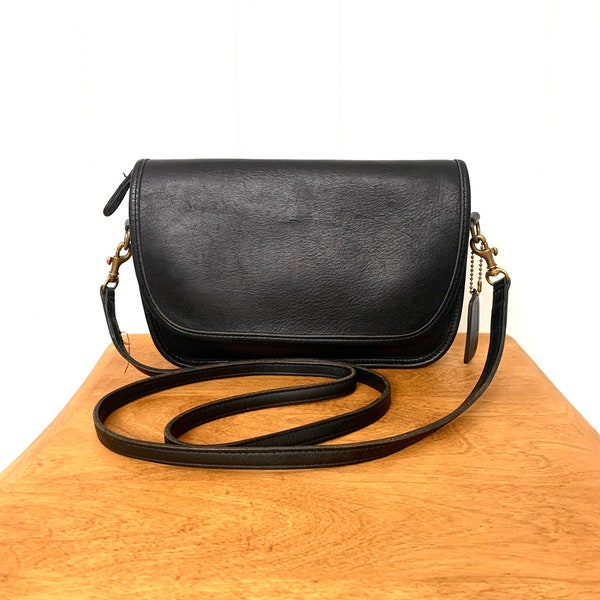 Vintage Coach Bag Black Crossbody Flap Front Zip Closure Original Hang Tag Brass Gold Tone Hardware 1980s Made In The United States