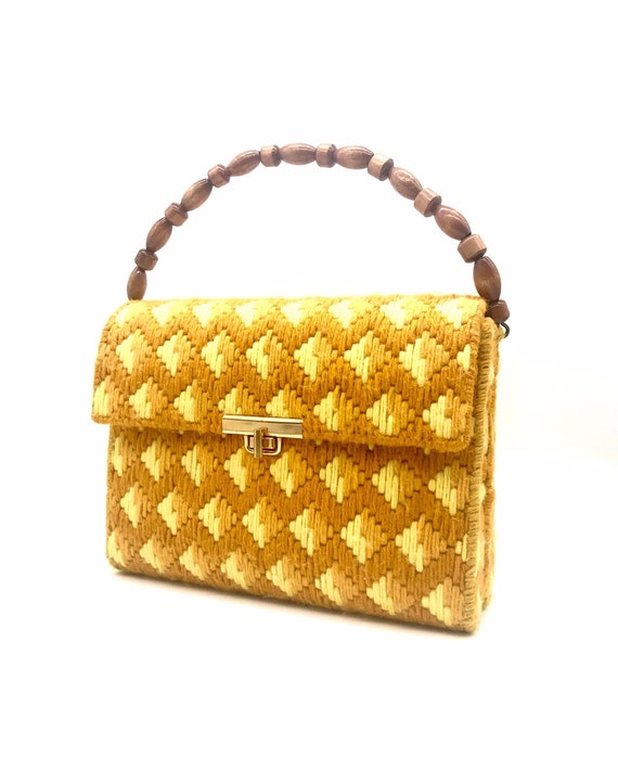 60s 70s handbag orange yellow wood bead handle han
