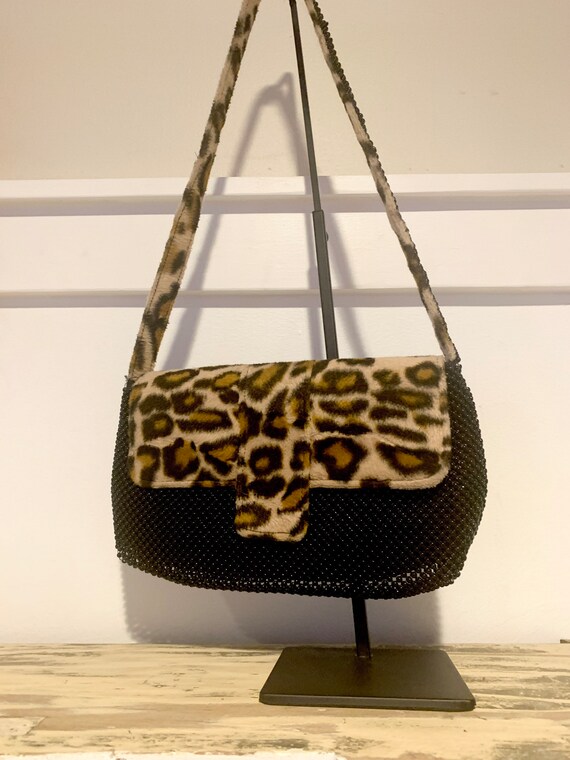 Vintage Leopard Handbag/ Black Beaded Handbag/ Le… - image 3