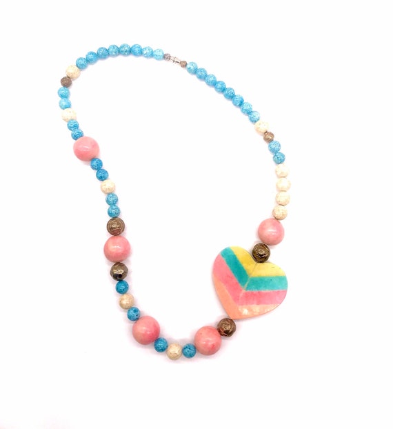 Heart Necklace Beaded Rainbow Pastel Stone Cerami… - image 3