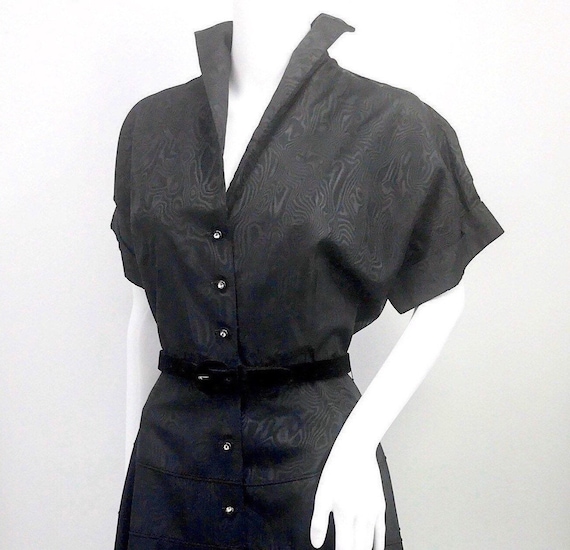 50s dress vintage black taffeta button down belte… - image 1