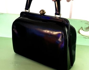 Vintage 50s Black Hard Case Top Handle Handbag Shiny Leather Gold Brass Tone Large Clasp