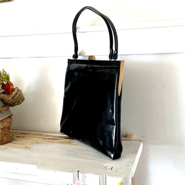 Vintage Large Patent Leather Top Handle Black Gold Tone Hardware Tall Square Slim Profile Handbag