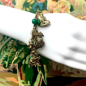 1940s Charm Bracelet Green Bead Gold Tone Charms Hardware Asian Inspired 7 image 8
