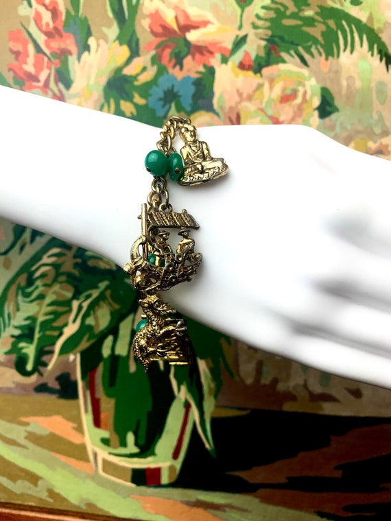 1940s Charm Bracelet Green Bead Gold Tone Charms … - image 8