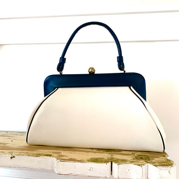 Vintage Extra Large Handbag Vinyl Vegan Navy Blue White Spectator Bag Silver Hardware 50s 60s