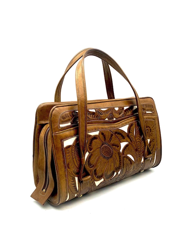 Vintage Tooled Leather Handbag 1950s / 1960s Flor… - image 2