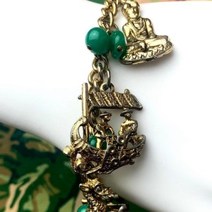 1940s Charm Bracelet Green Bead Gold Tone Charms Hardware Asian Inspired 7 image 1